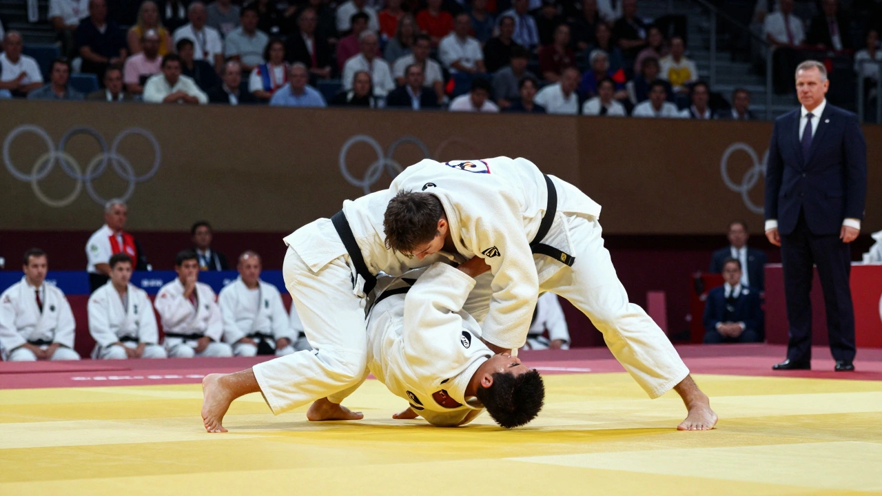 Соревнование по дзюдо на Олимпийских играх, спортсмены в белых ги, судьи и зрители.