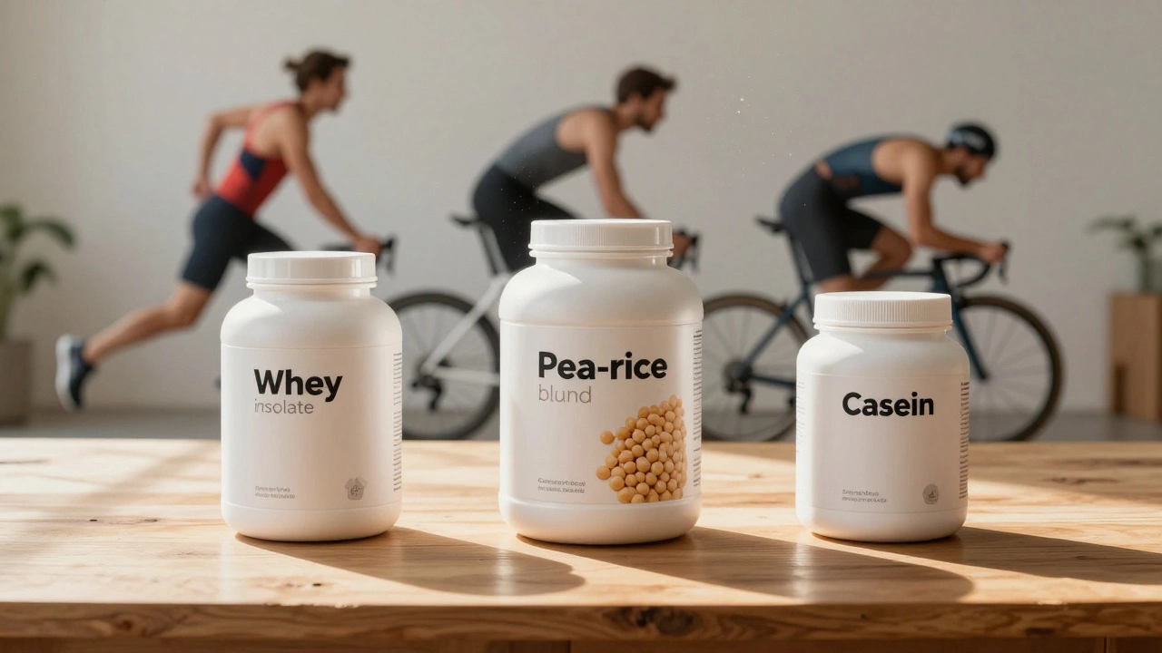 Три вида протеина рядом с атлетами разных видов спорта.