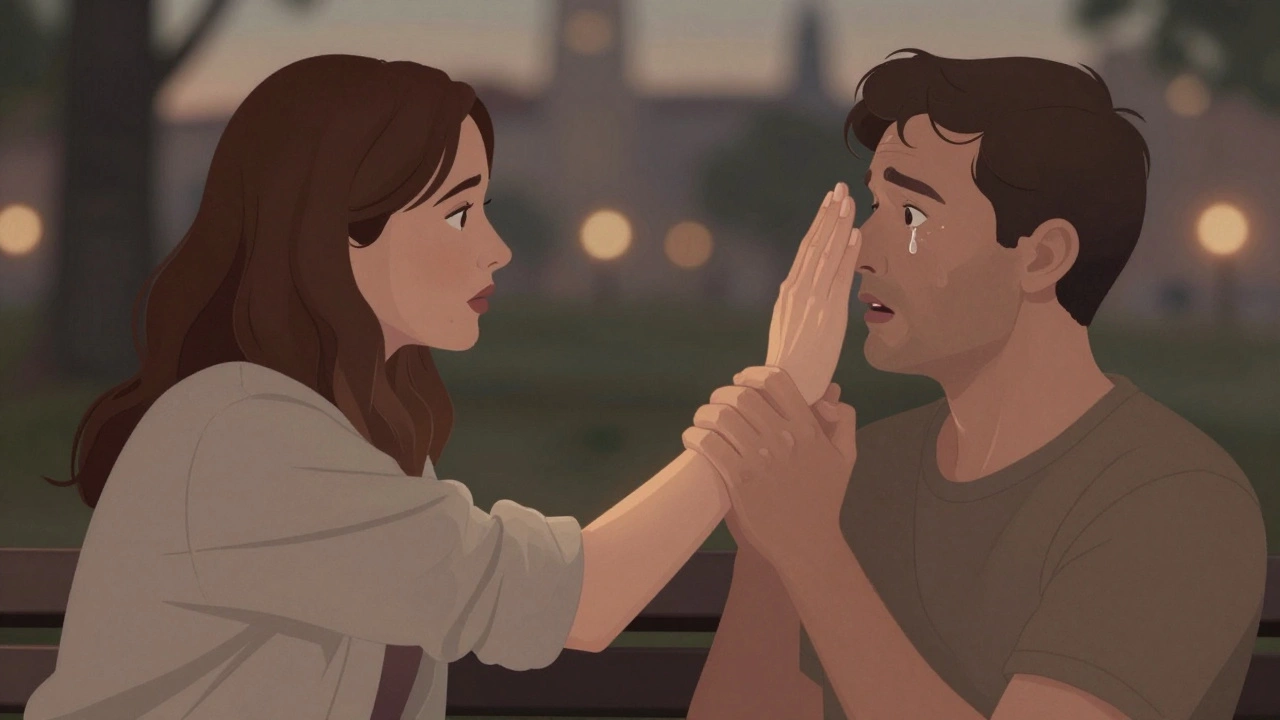 Женщина наносит удар ладонью в нос нападающему в ближнем бою.