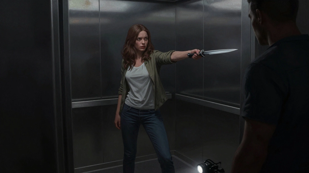 Женщина в лифте держит ручку как оружие, готовая защититься от нападения.