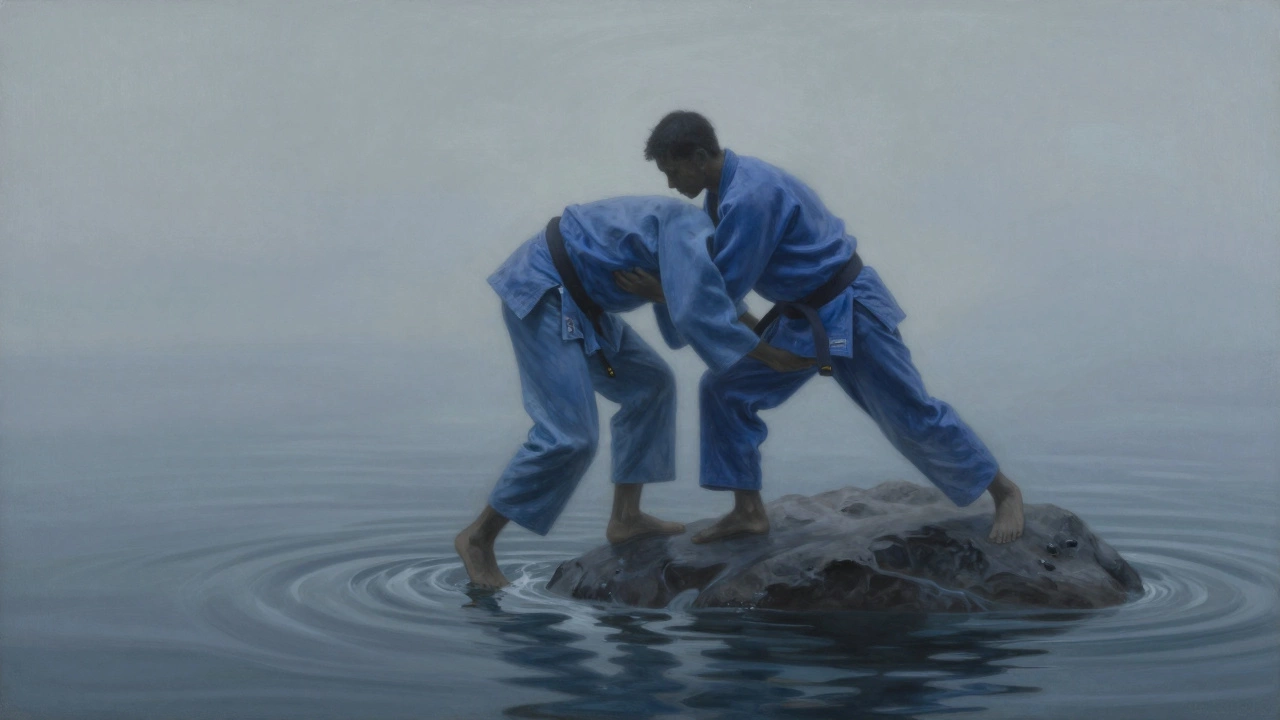 Абстрактное изображение воды, обтекающей камень, символизирующее философию дзюдо — мягкость побеждает силу.