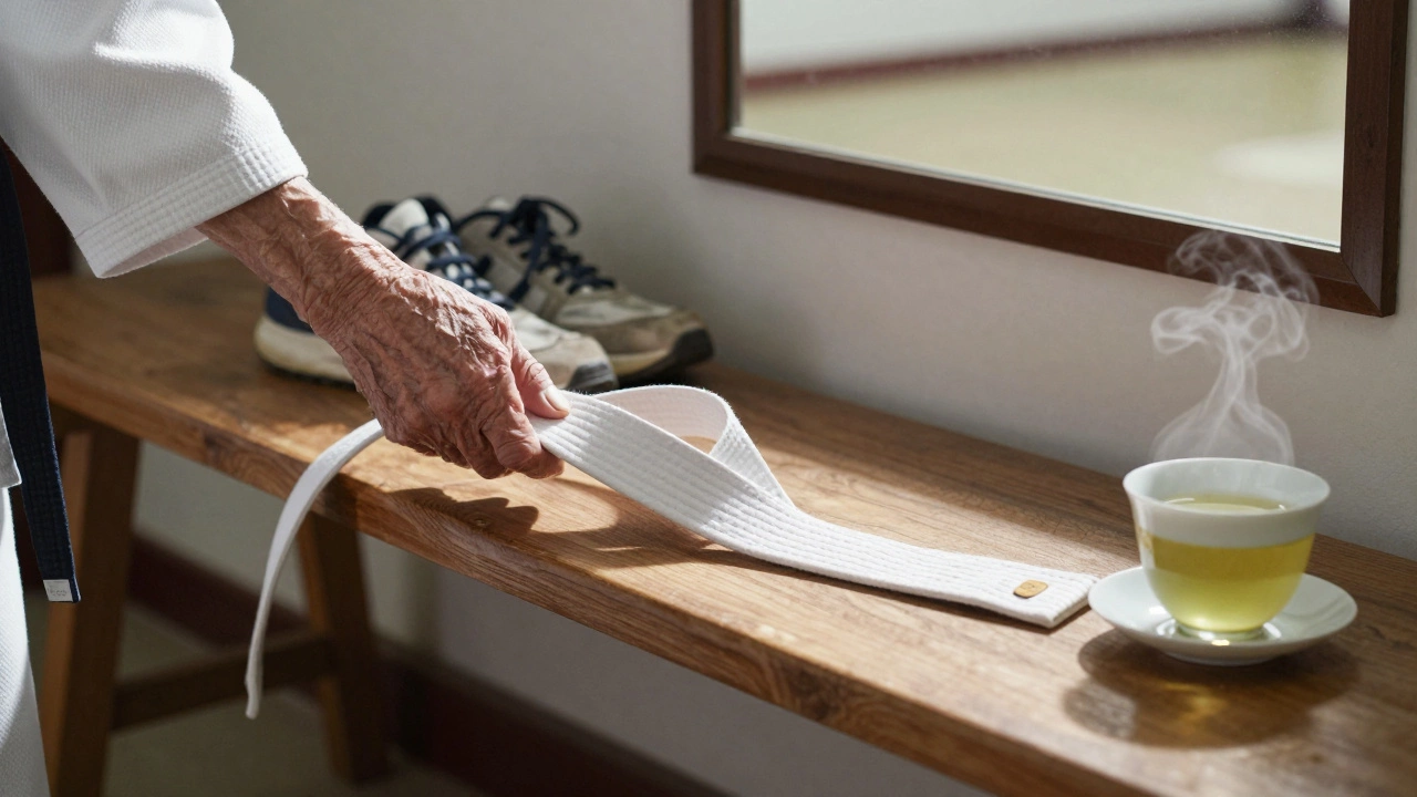 Белый пояс и кроссовки на деревянной скамье в додзё.