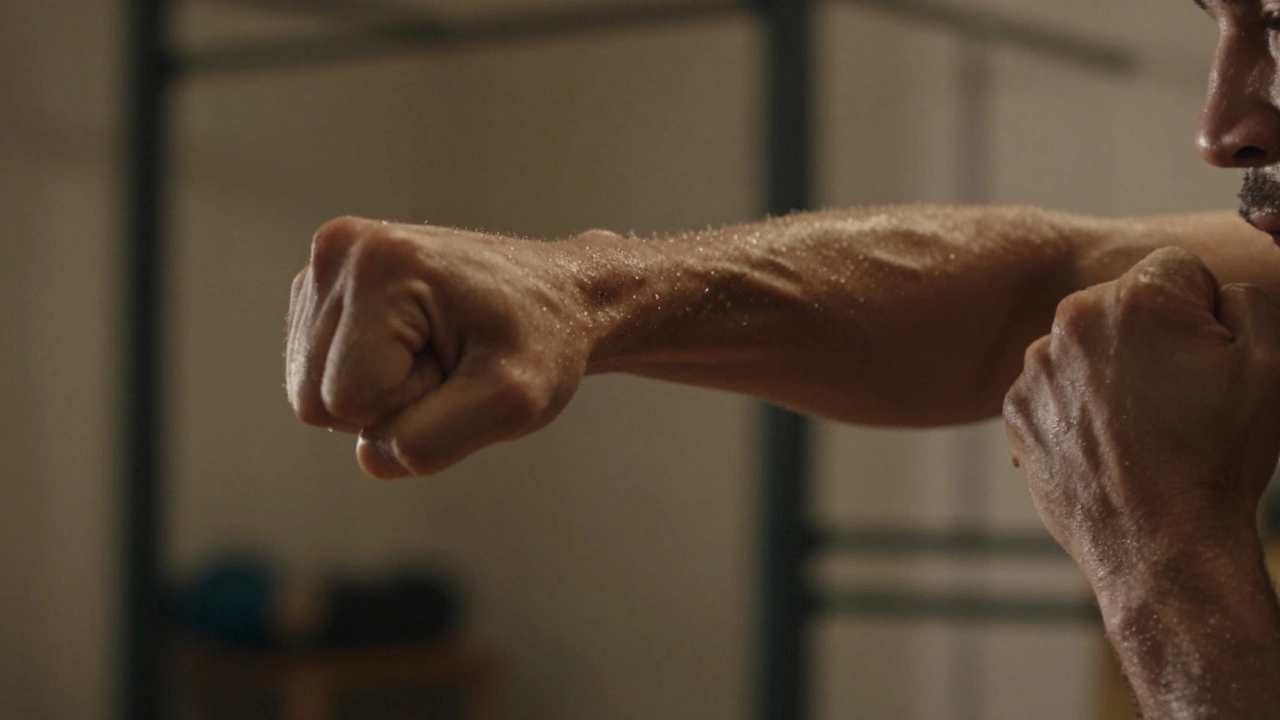 Близкий план рук: одна блокирует удар, другая наносит короткий контр-удар с точностью.