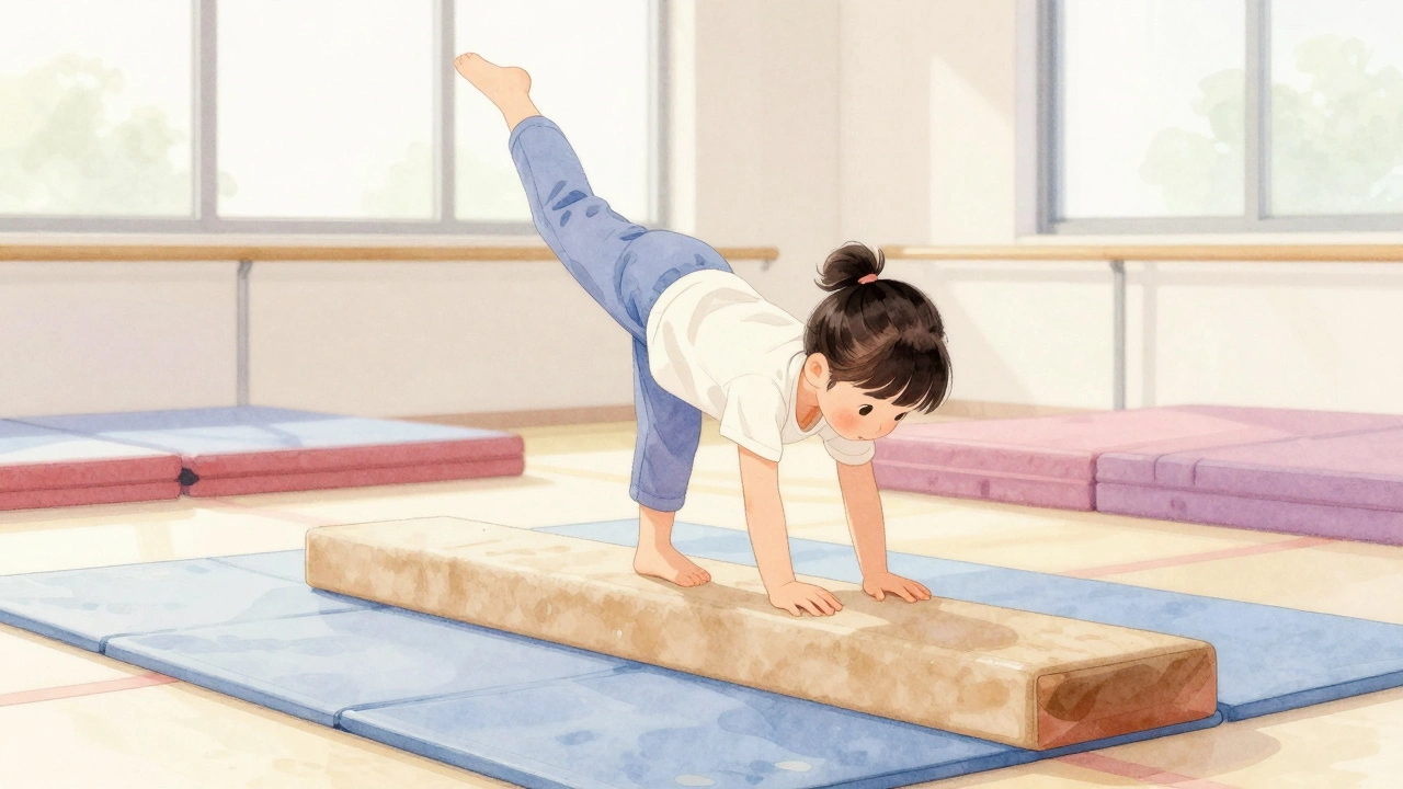 Четырехлетняя девочка выполняет упражнение на гимнастическом брусе