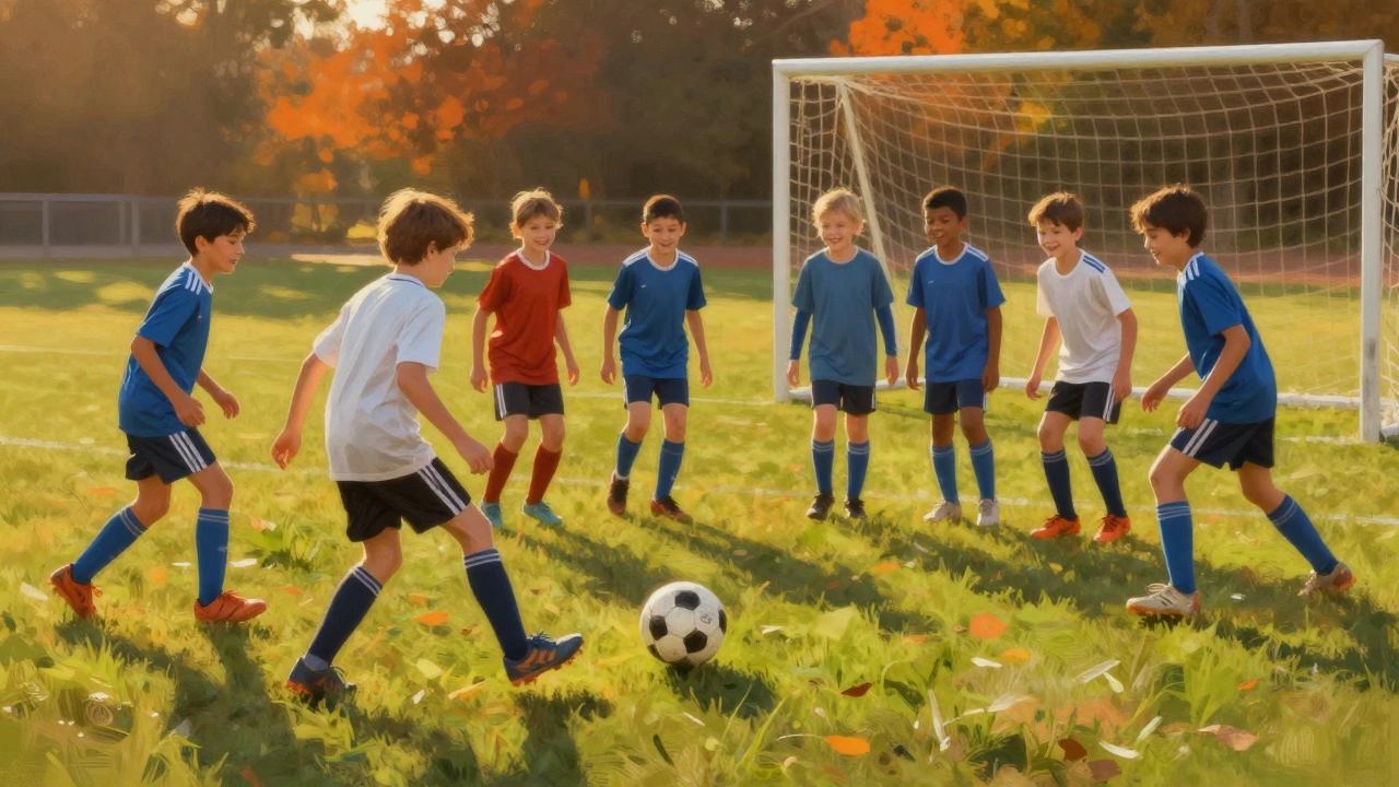 Дети играют в футбол на травяном поле в золотой час