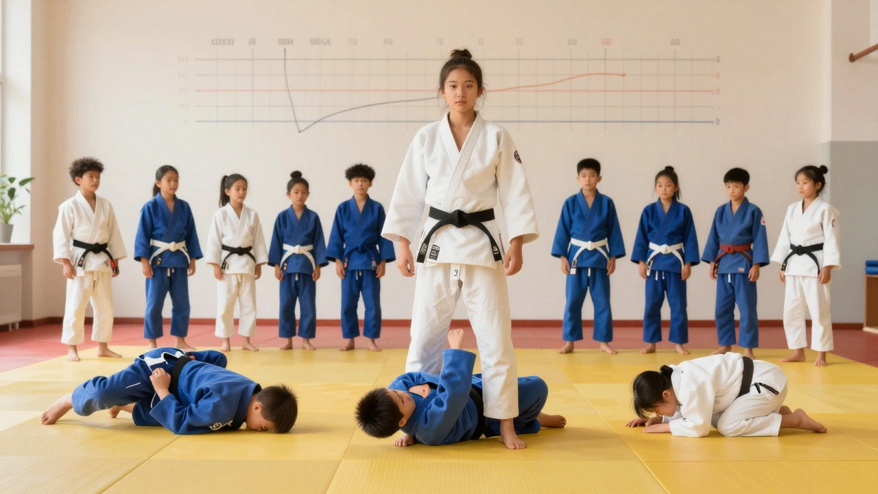 Дети разных возрастов занимаются дзюдо в зале, все выглядят здоровыми и активными.
