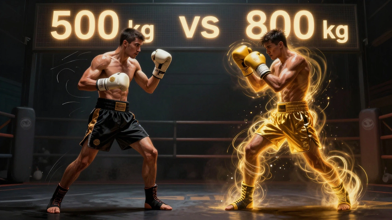 Два боксёра: один с плохой техникой, другой — с идеальной, рядом цифры 500 кг и 800 кг.