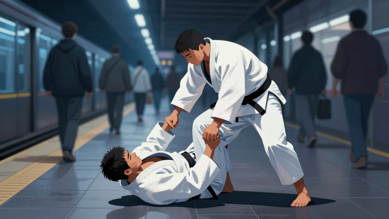 Мастер дзюдо применяет суставной захват на улице, противник на земле, вокруг — размытые силуэты прохожих.