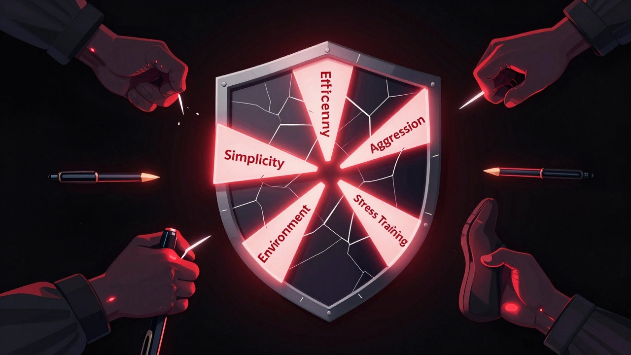 Пять принципов боевых систем спецназа: простота, эффективность, агрессия, среда и тренировка в стрессе — в виде символического изображения.