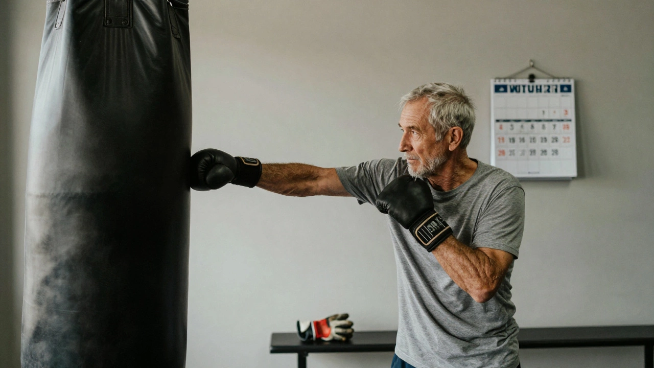 Пожилой мужчина тренирует джеб на мешке в гараже, спокойно и уверенно.