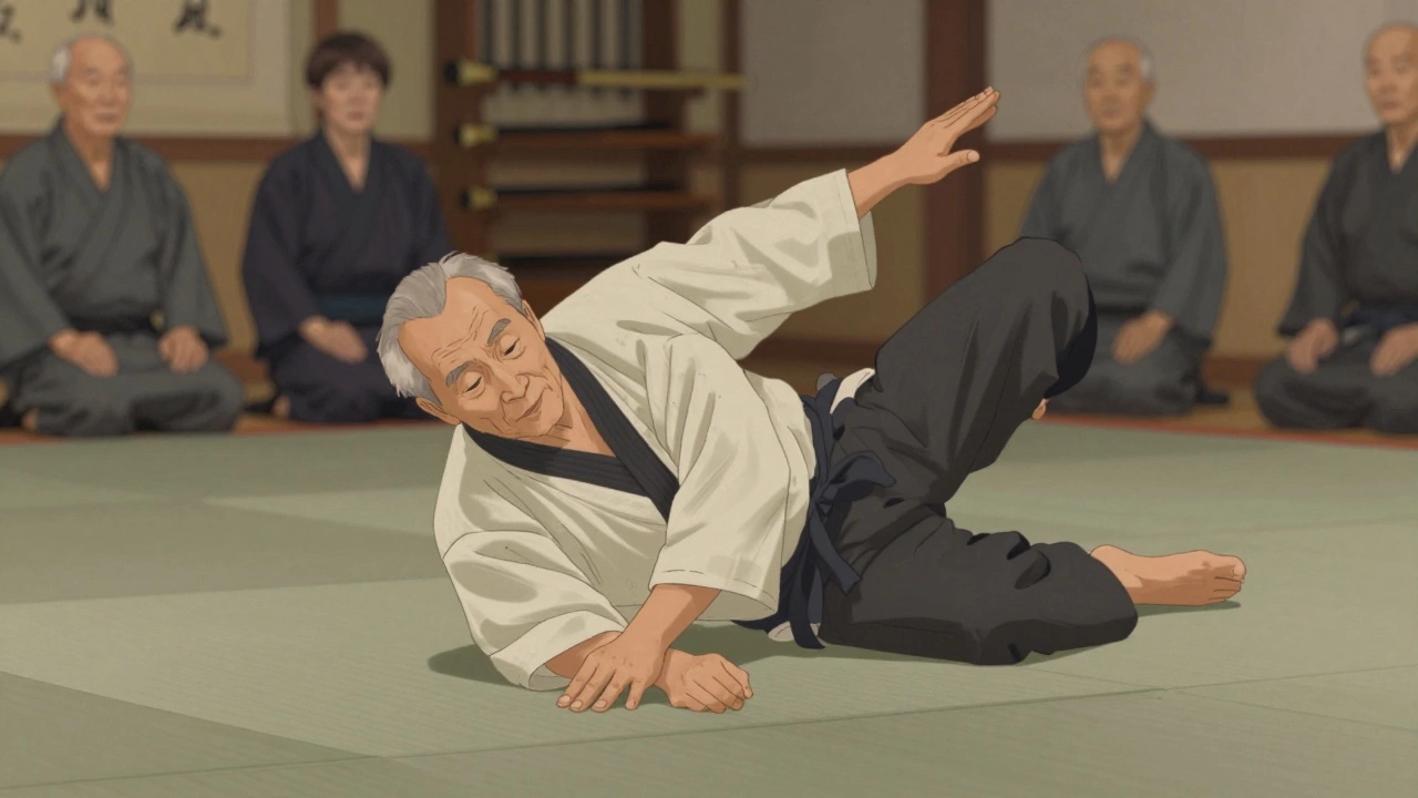 Пожилой мужчина выполняет безопасное падение на мате.