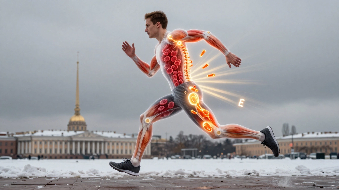 Прозрачное изображение тела с витаминами, светящимися внутри мышц и крови