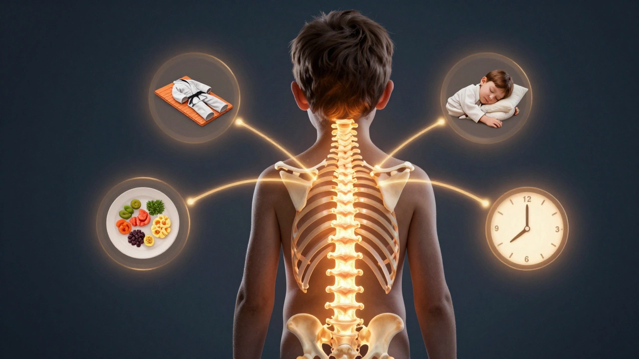 Схема роста ребёнка: кости, сон, питание и тренировки связаны с гормоном роста.