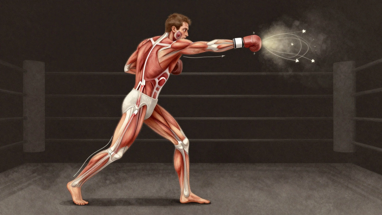 Схема тела, показывающая передачу силы от стопы к кулаку при ударе в боксе.