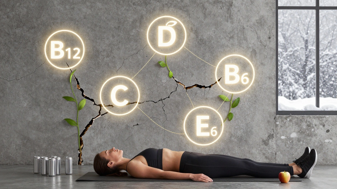 Трещины в стене, из которых растут витамины, соединённые с человеком на коврике