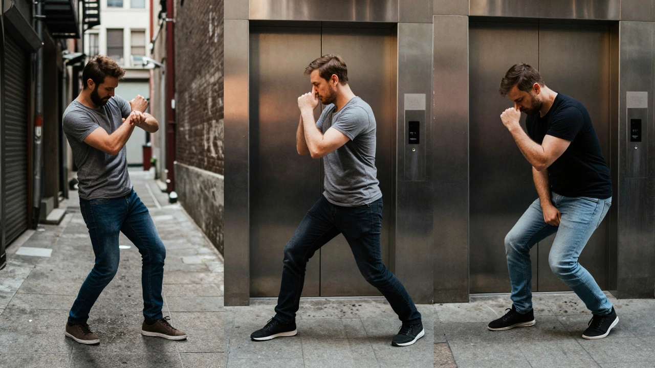 Три простых приема самообороны: освобождение от хватки, удар пальцами в нос и удар коленом в пах.