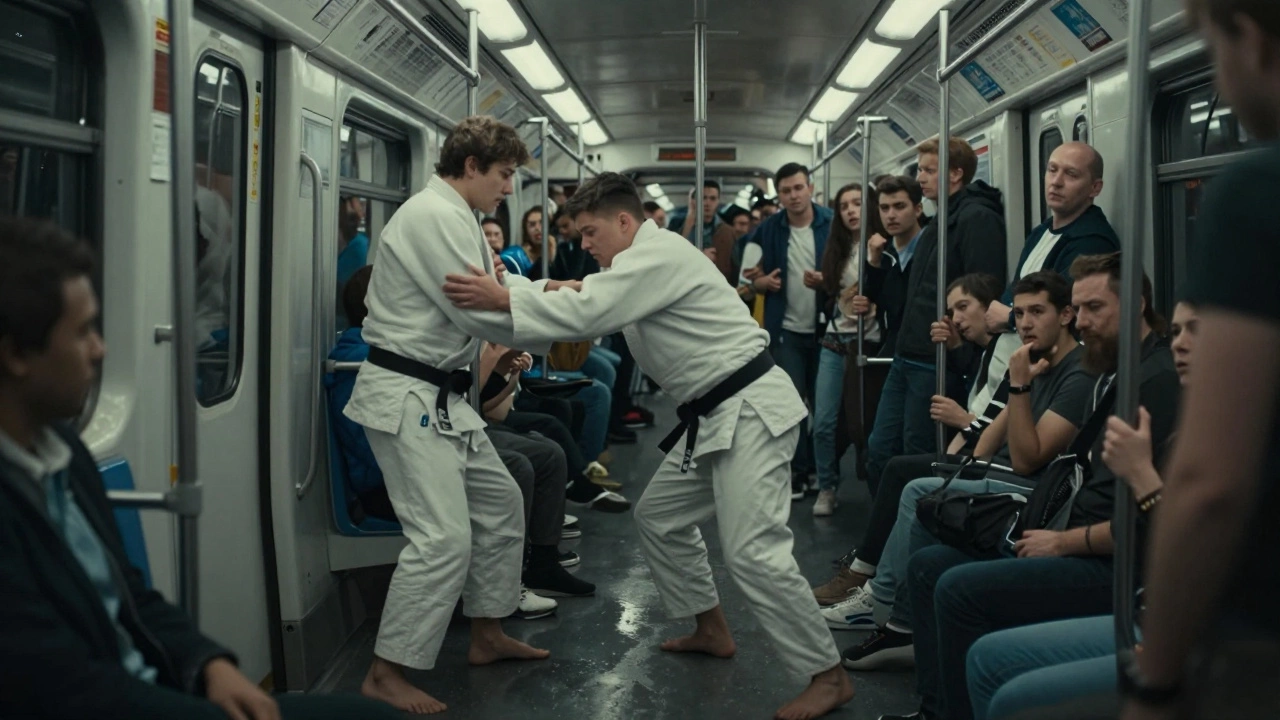 В метро молодой человек толкает дзюдоиста — момент перед рефлекторным броском.