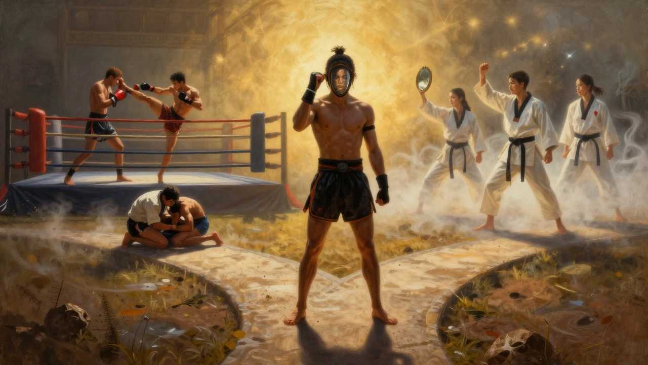 Воин стоит на перекрестке трех путей боевых искусств: удары, борьба и формы, отражающие его собственное лицо в зеркале.