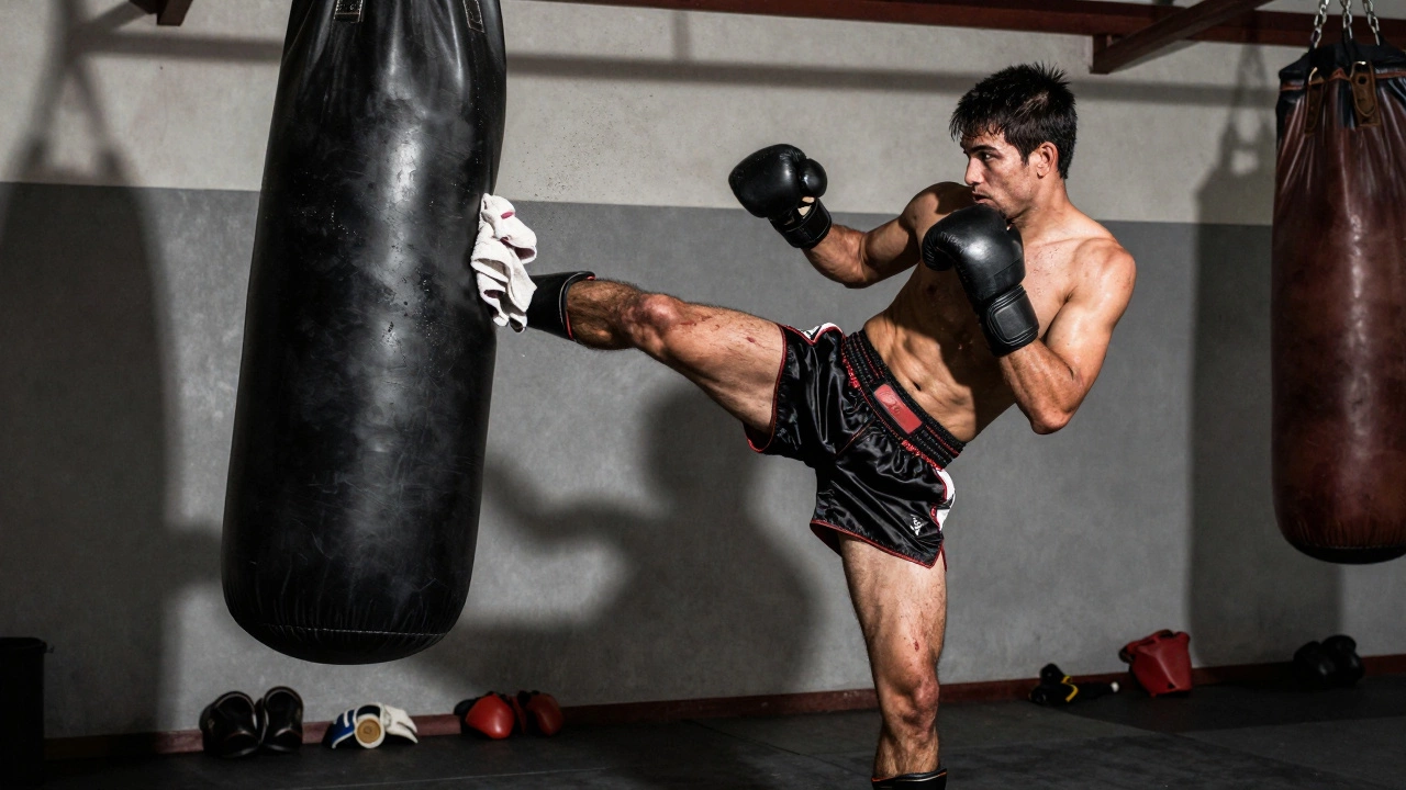 Боец муай тай наносит удар коленом по тяжелому мешку, вокруг — следы тренировок и экипировка.