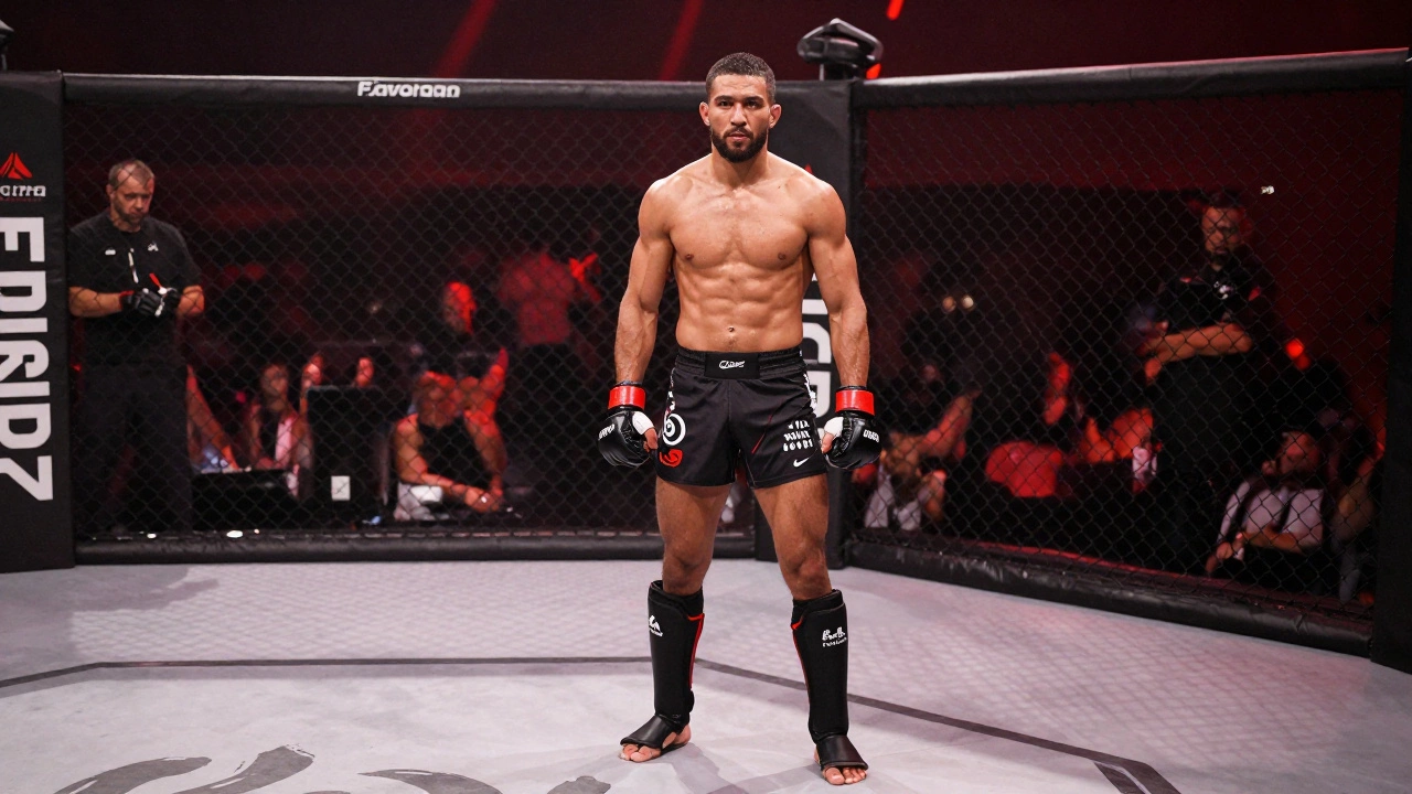 Боец смешанных единоборств стоит в углу октагона перед схваткой.