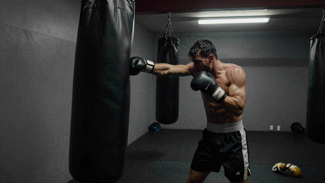 Боксёр бьёт мешок ночью в пустом зале, видно напряжение и усталость.