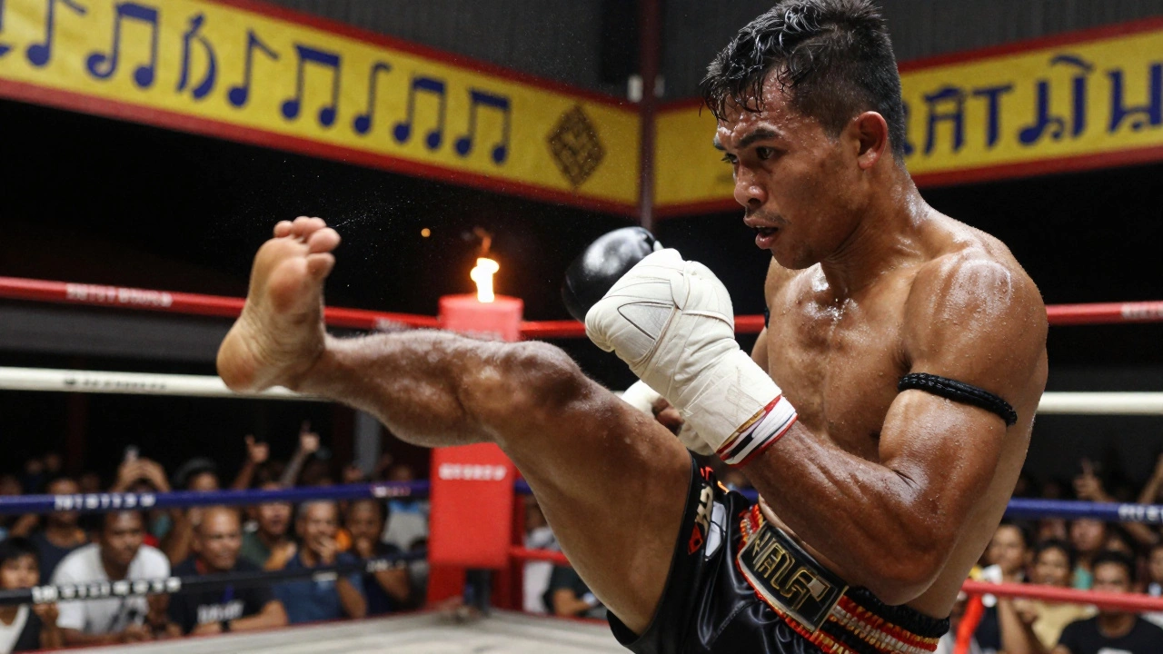 Боксер муай тай в момент удара ногой в тайском зале.