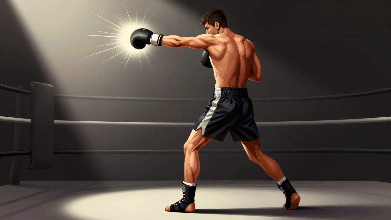 Боксёр выполняет удар кулаком с полным поворотом корпуса, передавая энергию от ног до кулака.