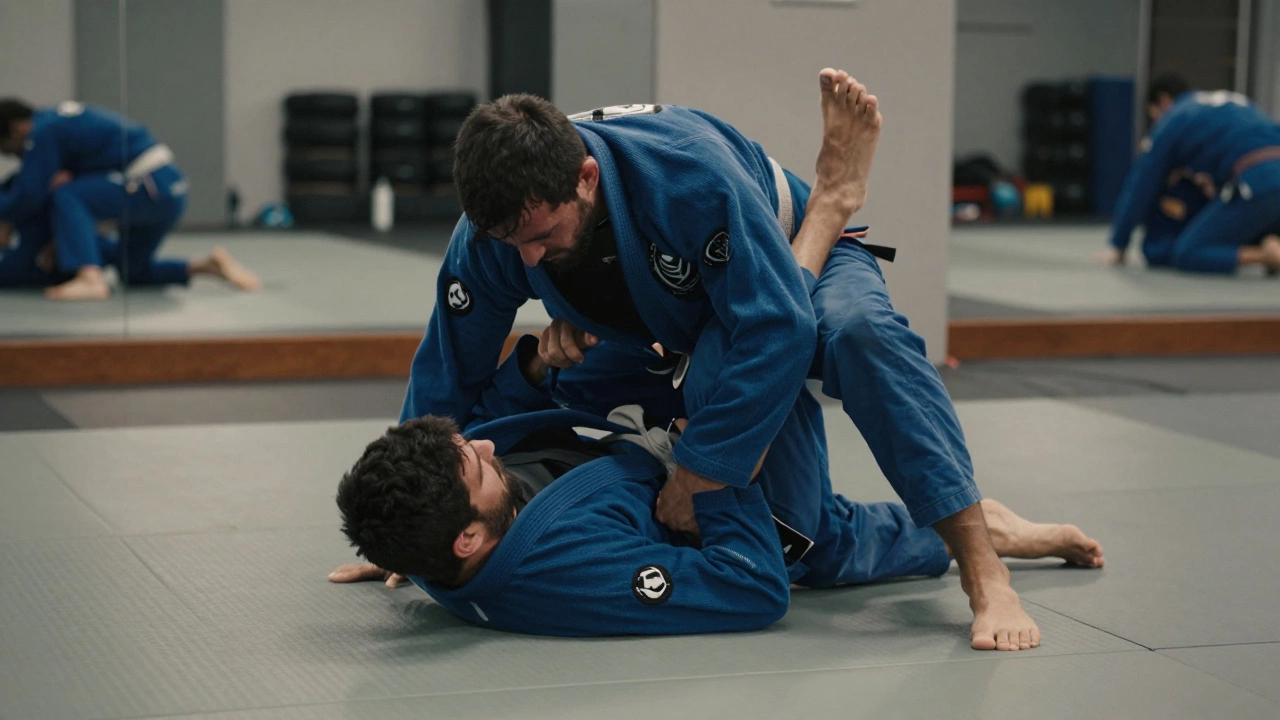 Борцы бразильского джиу-джитсу выполняют захват на татами.