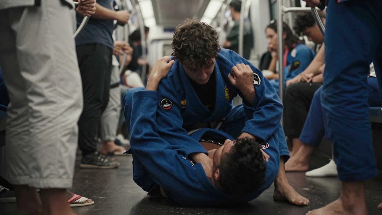 Человек на земле контролирует агрессора с помощью приема бразильского джиу-джитсу в тесном пространстве.