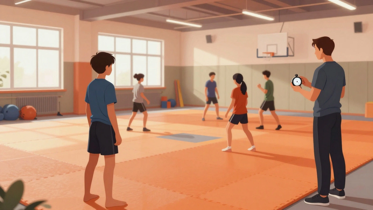 Человек осматривает чистый зал боевых искусств перед записью.