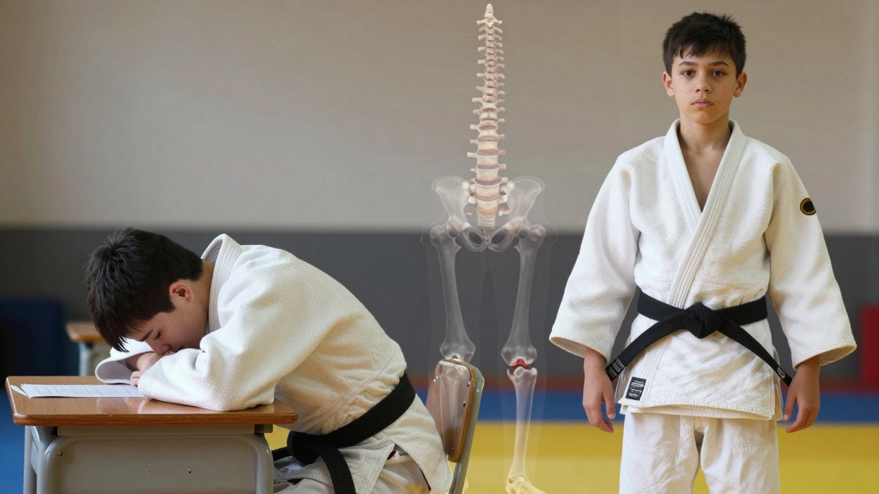 Два подростка: один сутулится за столом, другой стоит прямо после тренировки — сравнение осанки.