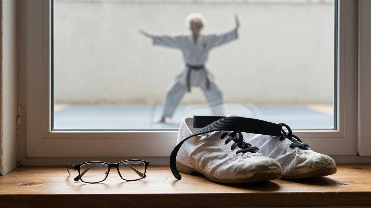 Карие туфли и очки на подоконнике с чёрным поясом — символ начала нового пути в зрелом возрасте, без лиц, только намёк на движение.