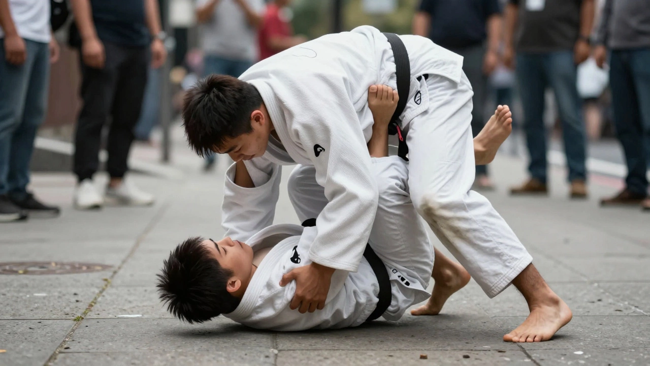 Меньший человек выполняет бросок дзюдо против более крупного противника на улице.