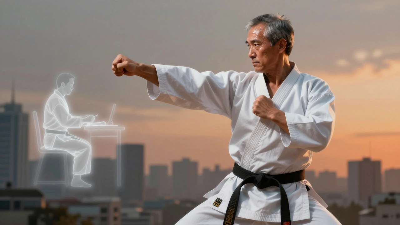 Мужчина средних лет выполняет удар карате, его прошлое как сидячего работника растворяется в движении, символизируя преображение.