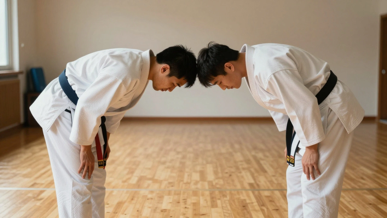 Практики кланяются друг другу, символизируя уважение и партнерство.