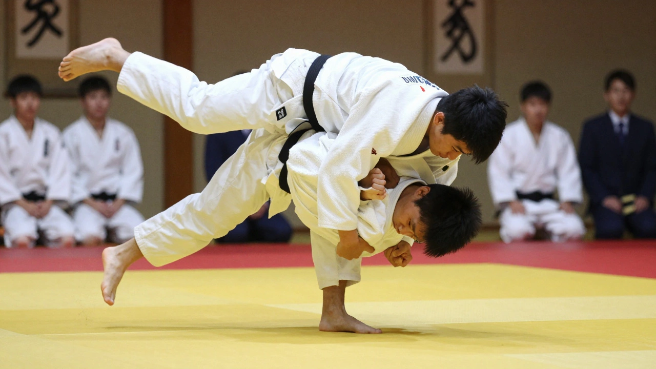 Соревнующиеся дзюдоисты в момент броска на татами.