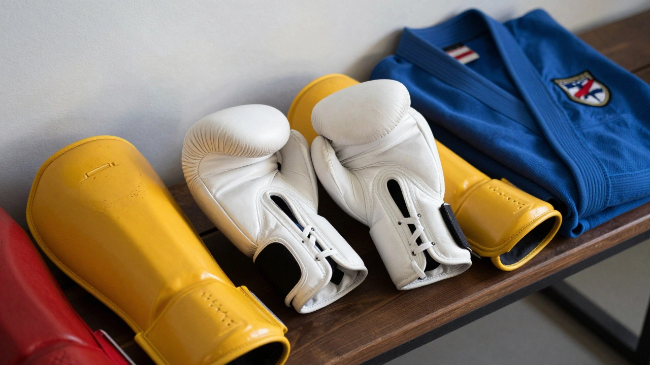 Спортивная экипировка: перчатки, шингвайдеры и куртка самбо.