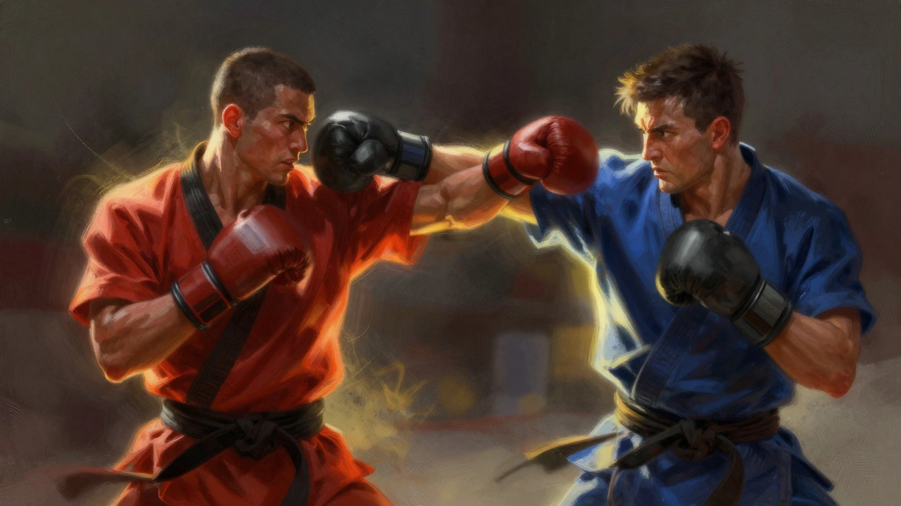 Спортсмены спаррингуют, показывая контроль эмоций и стойкость в бою.