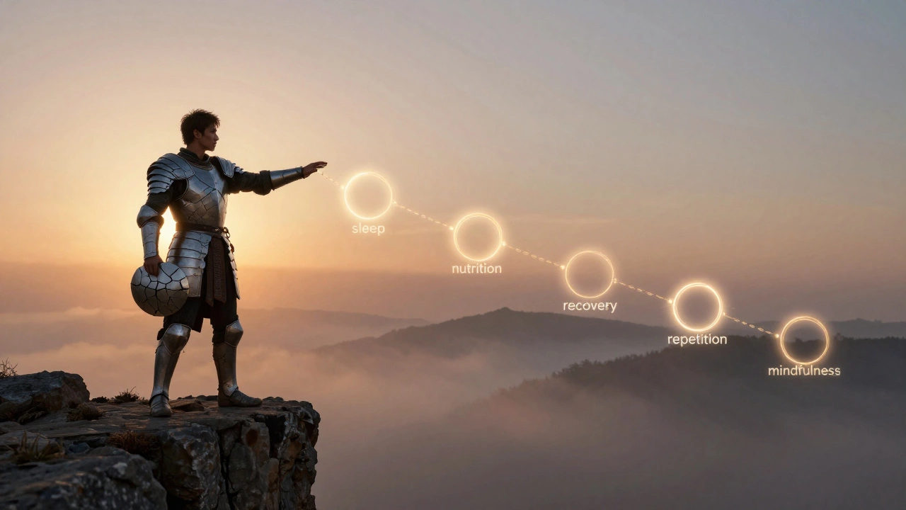 Воин стоит на скале, держа цепь из символов дисциплины: сон, питание, восстановление.