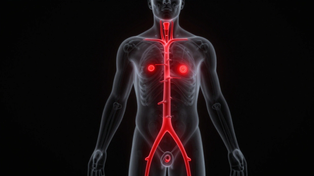 Анатомическая схема уязвимых точек тела, подсвеченных красным