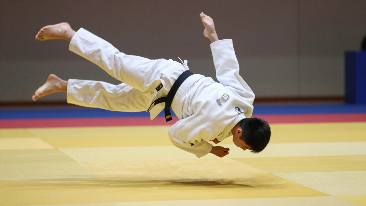 Динамичный момент выполнения броска в дзюдо, демонстрирующий силу и координацию