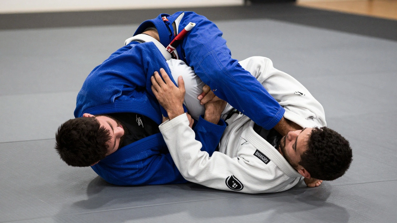 Двое борцов в кимоно практикуют бразильское джиу-джитсу, один подает сигнал сдачи.