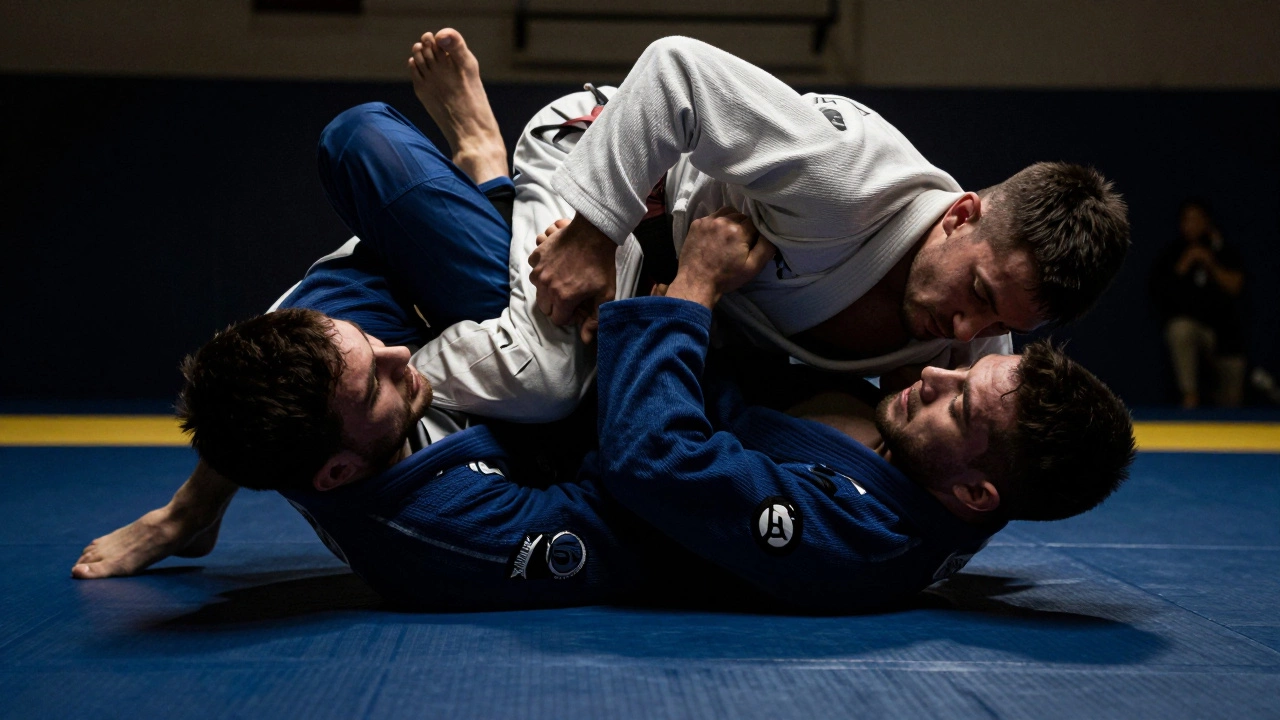 Двое борцов в процессе технического приема на синем мате