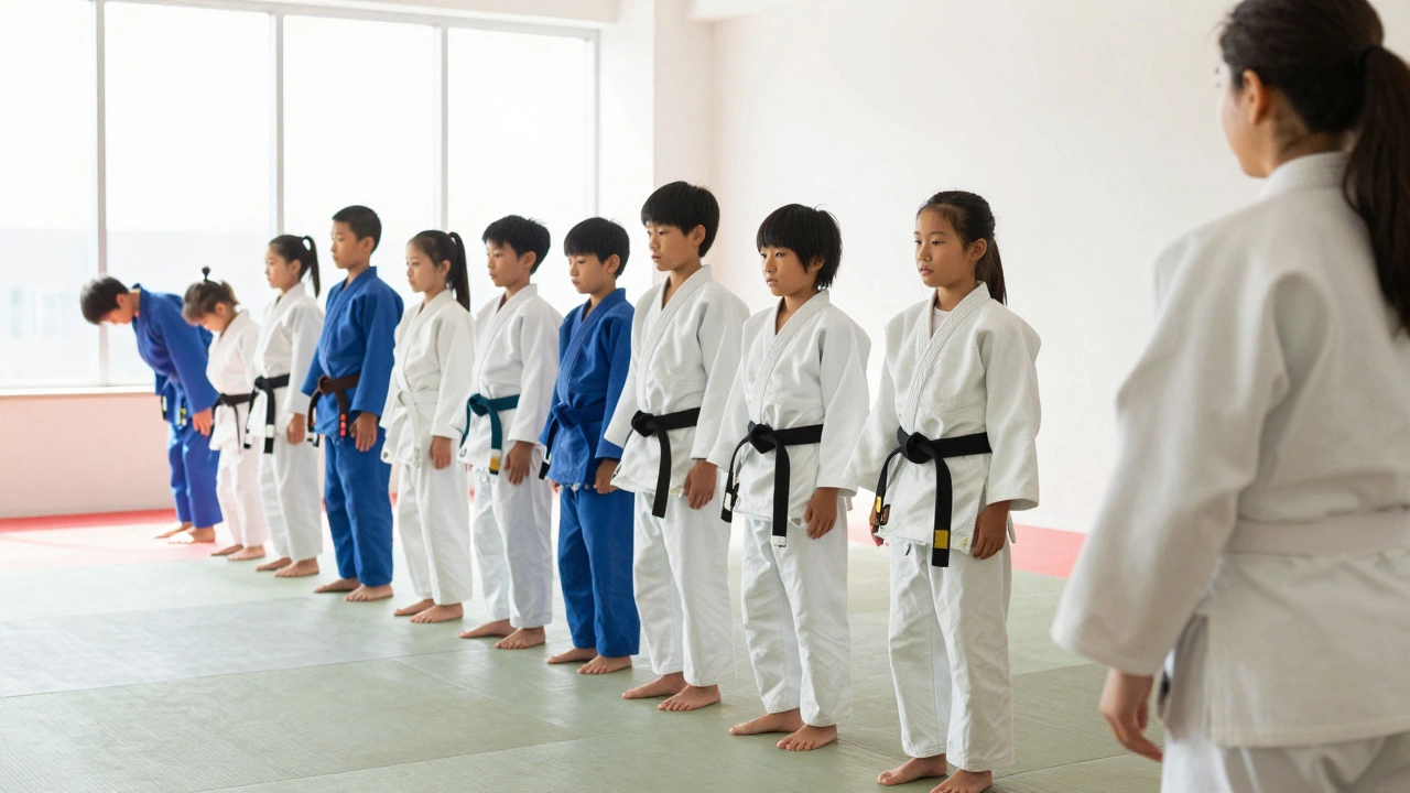 Группа детей в кимоно делают поклон тренеру в додзё