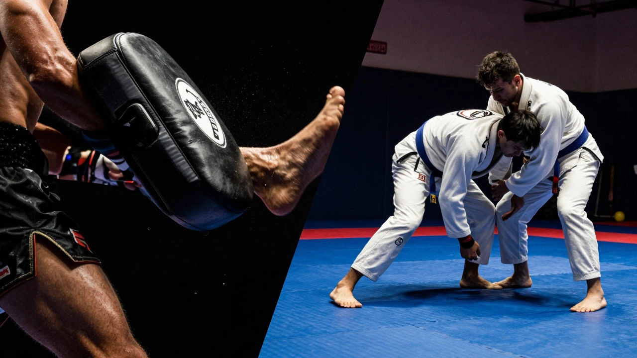 Коллаж: удар голенью в тайском боксе и борьба джиу-джитсу на татами