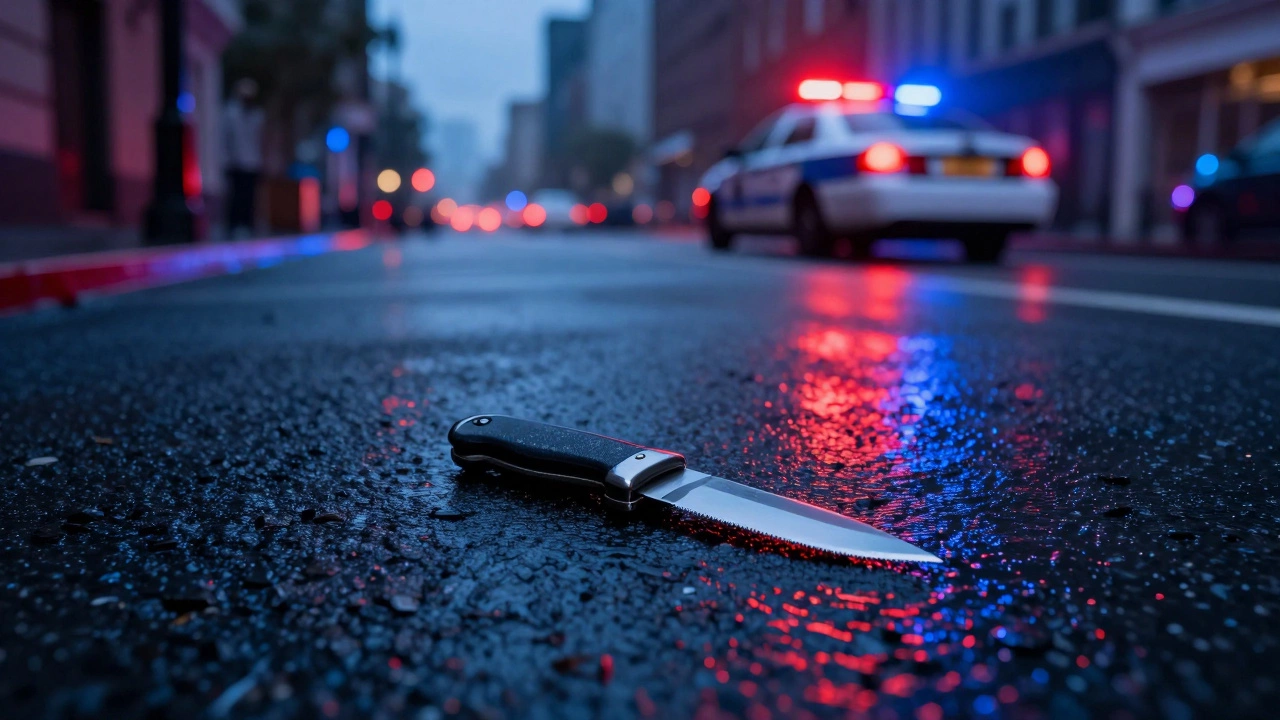 Нож на мокром асфальте в свете полицейских мигалок