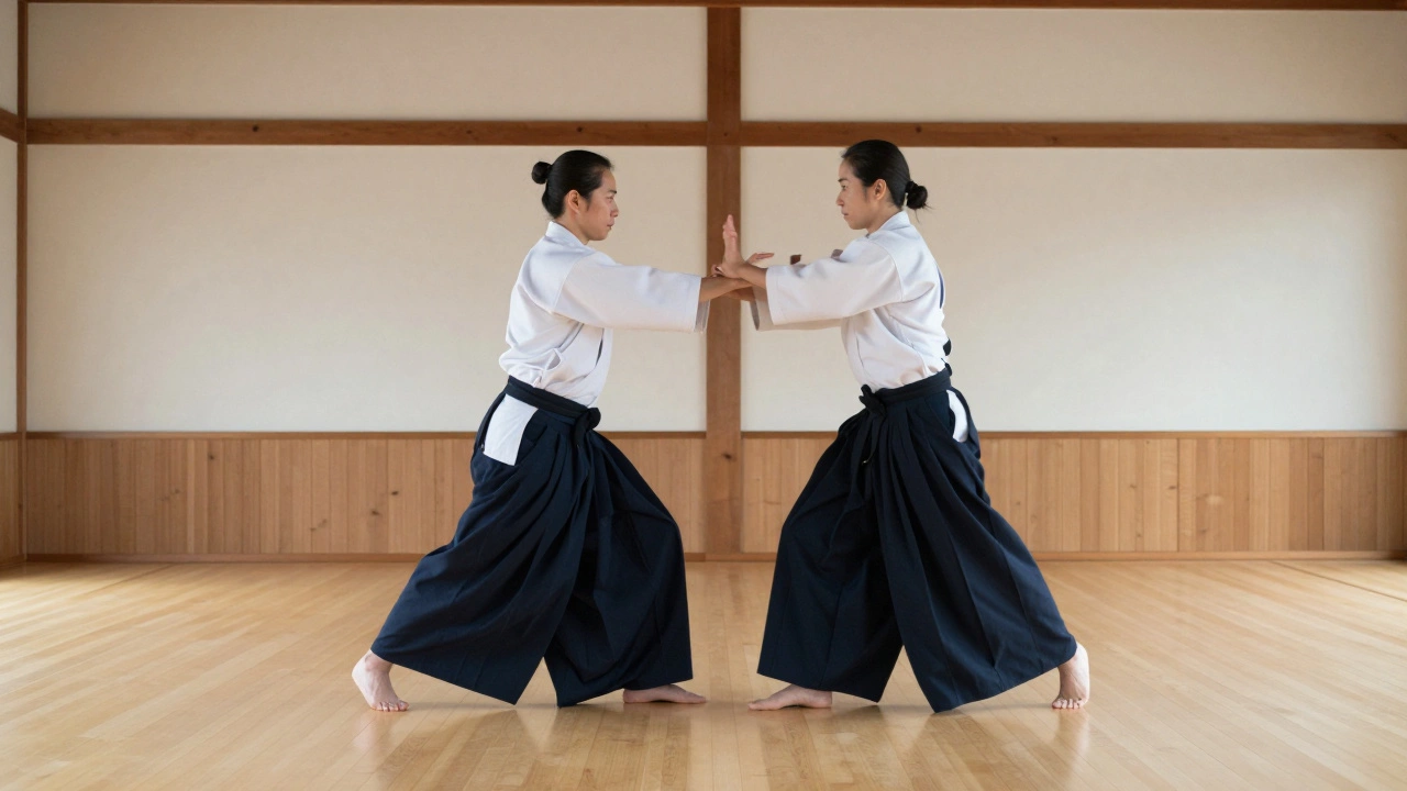 Практика айкидо в традиционном зале, демонстрирующая плавность и гармонию движений.