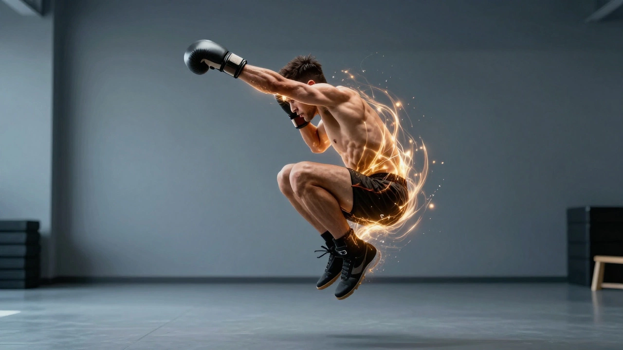 Спортсмен выполняет взрывной плиометрический прыжок из приседа